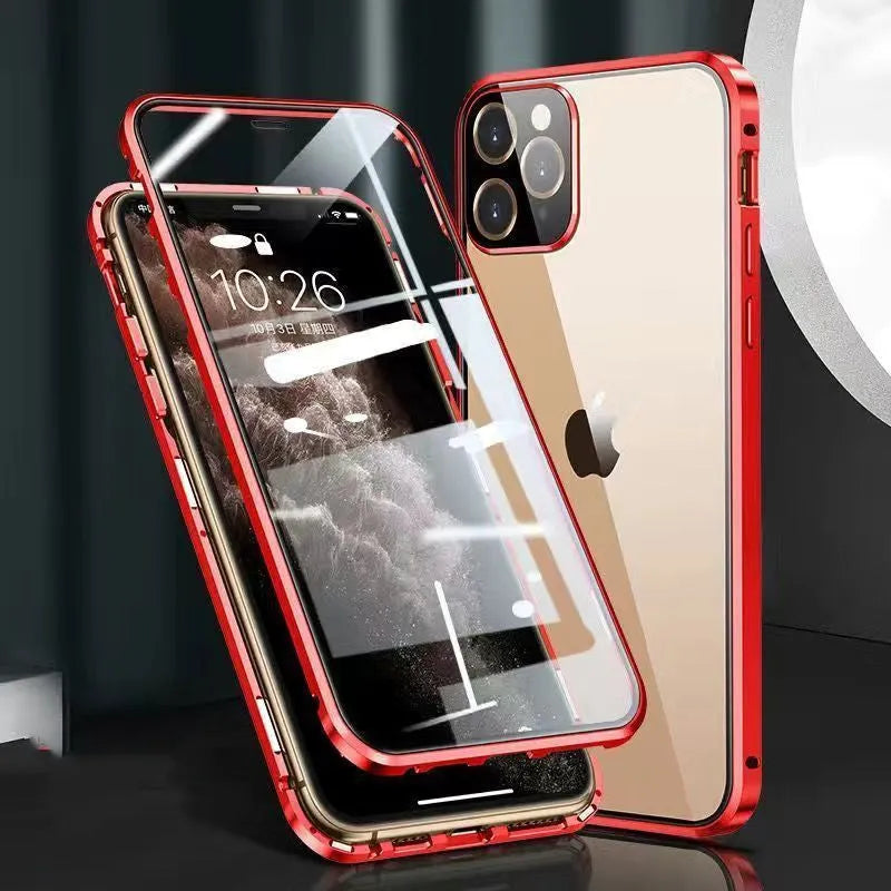 Black magnetic metal bumper iPhone case with a clear tempered glass back panel.