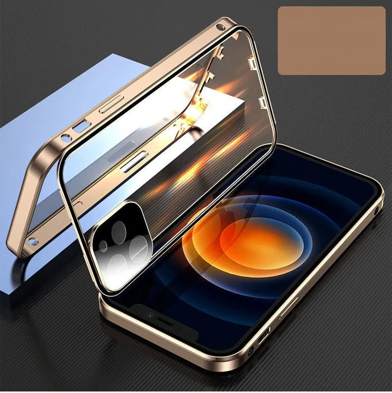 Black magnetic metal bumper iPhone case with a clear tempered glass back panel.