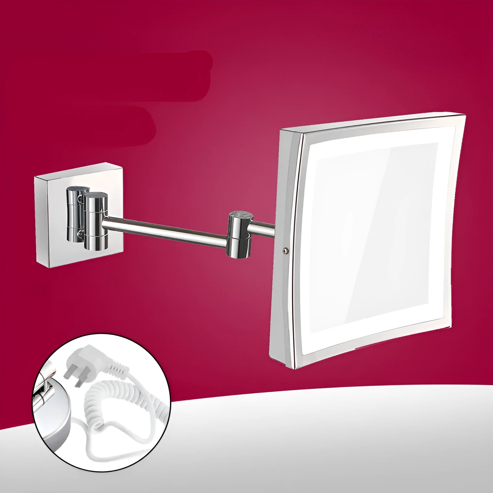 Stainless steel wall-mounted folding bathroom mirror with built-in lamp in a choice of four metallic finishes.