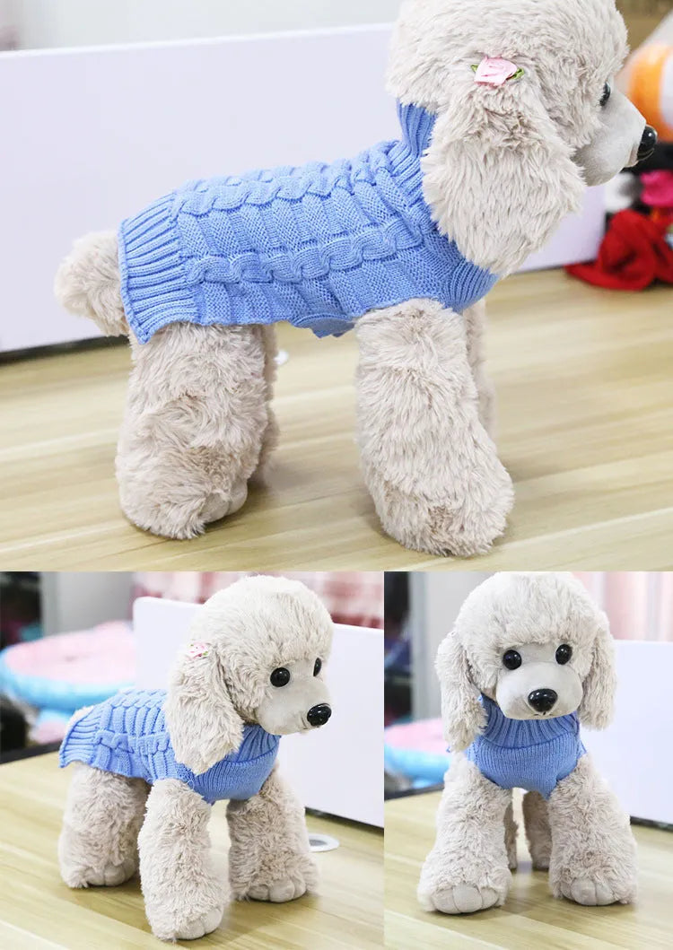 Wool dog sweater with twisted rope design showing size options from XS to XL with 30cm to 50cm measurements