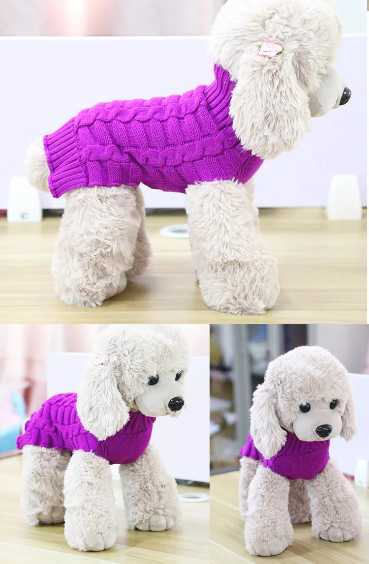 Wool dog sweater with twisted rope design showing size options from XS to XL with 30cm to 50cm measurements