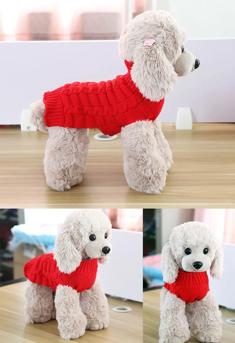 Wool dog sweater with twisted rope design showing size options from XS to XL with 30cm to 50cm measurements