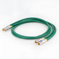 Silver-plated 4-core shielded audio interconnect cable with Lotus RCA plugs on a black background.
