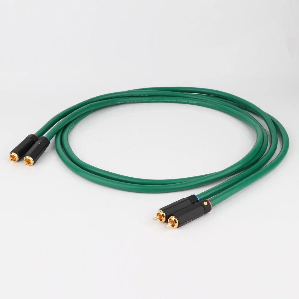 Silver-plated 4-core shielded audio interconnect cable with Lotus RCA plugs on a black background.