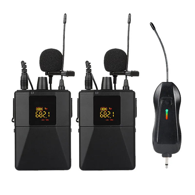 Black Little Bee Lavalier Wireless Microphone X3 clipped onto a shirt collar with USB cable