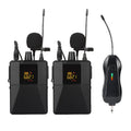 Black Little Bee Lavalier Wireless Microphone X3 clipped onto a shirt collar with USB cable