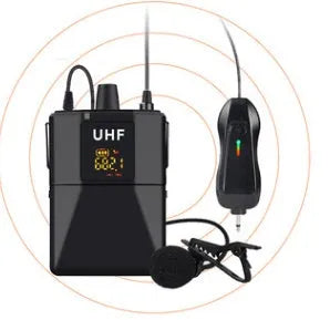 Black Little Bee Lavalier Wireless Microphone X3 clipped onto a shirt collar with USB cable