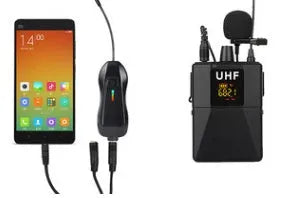 Black Little Bee Lavalier Wireless Microphone X3 clipped onto a shirt collar with USB cable