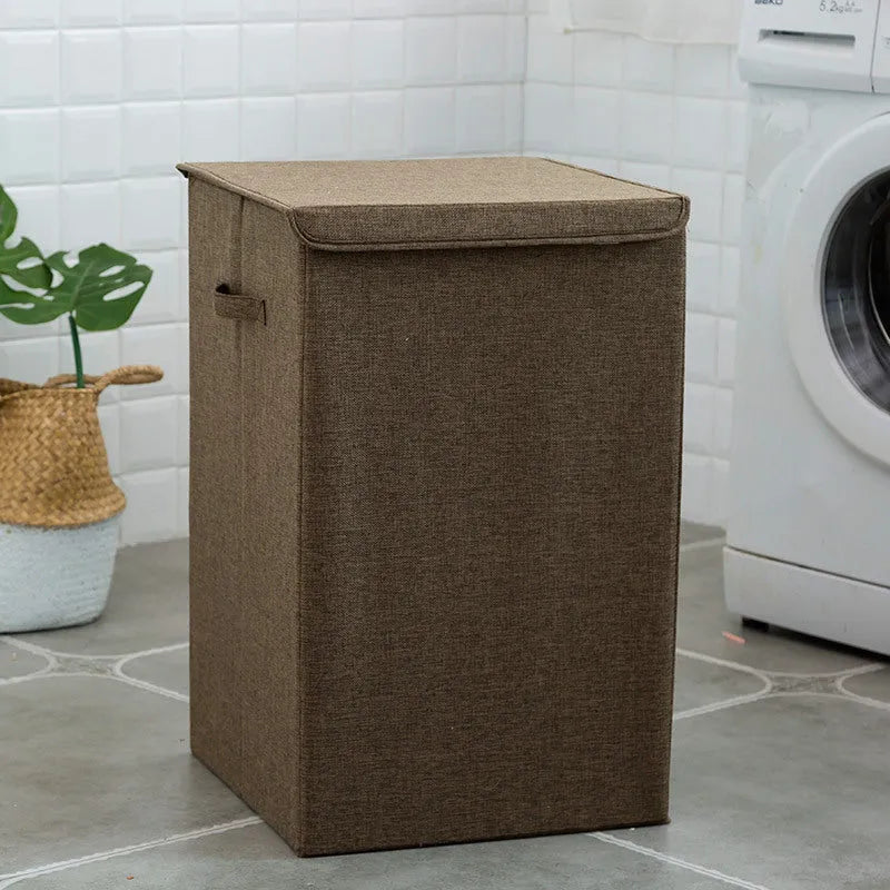 Washable fabric clothes sorting box in beige, brown, green, or grey, with covered design for bathroom storage.