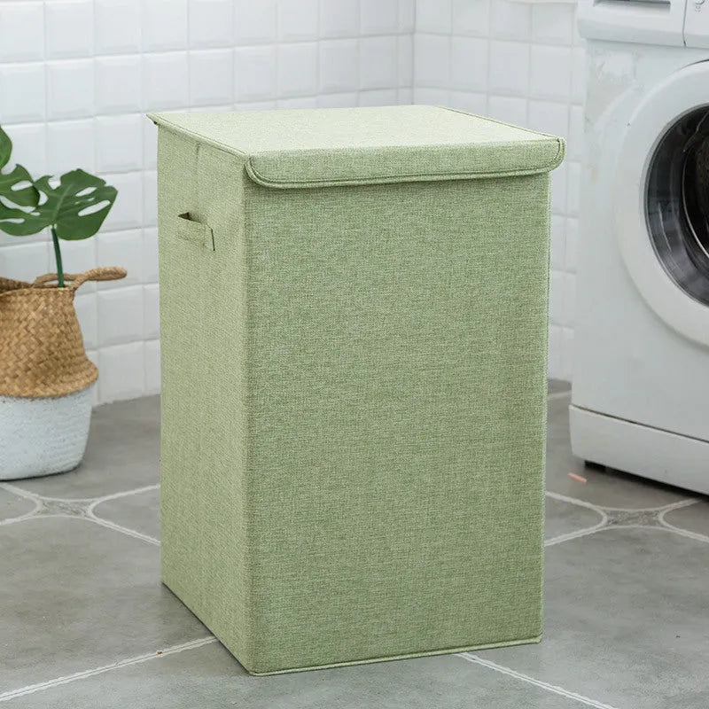Washable fabric clothes sorting box in beige, brown, green, or grey, with covered design for bathroom storage.