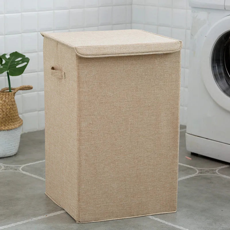 Washable fabric clothes sorting box in beige, brown, green, or grey, with covered design for bathroom storage.