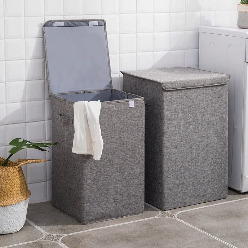 Washable fabric clothes sorting box in beige, brown, green, or grey, with covered design for bathroom storage.