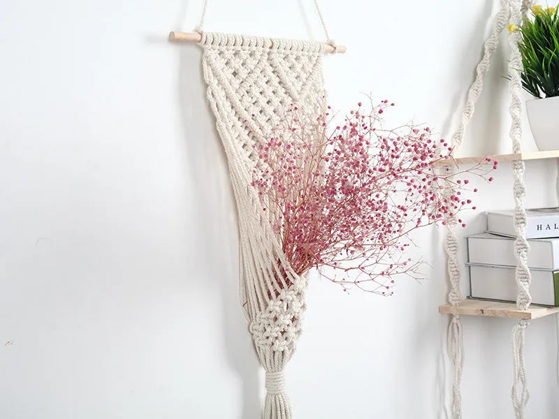 White hand-woven cotton flower basket wall tapestry with grid pattern measuring 30cm by 70cm