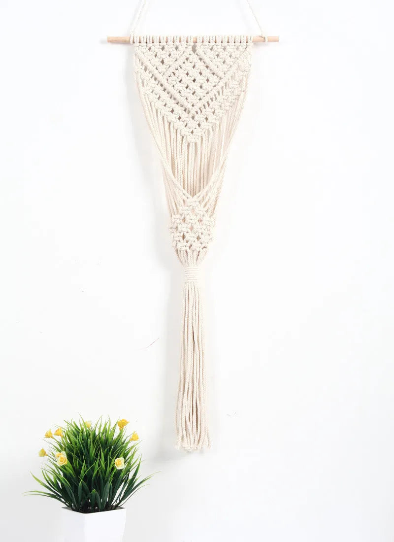 White hand-woven cotton flower basket wall tapestry with grid pattern measuring 30cm by 70cm