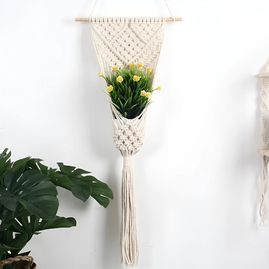 White hand-woven cotton flower basket wall tapestry with grid pattern measuring 30cm by 70cm