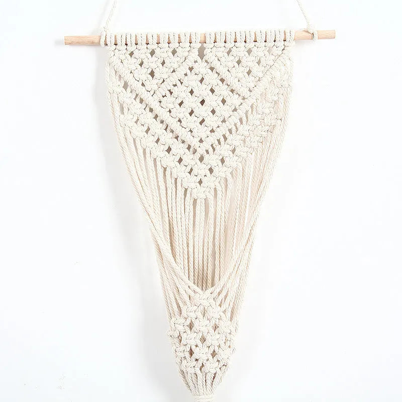 White hand-woven cotton flower basket wall tapestry with grid pattern measuring 30cm by 70cm