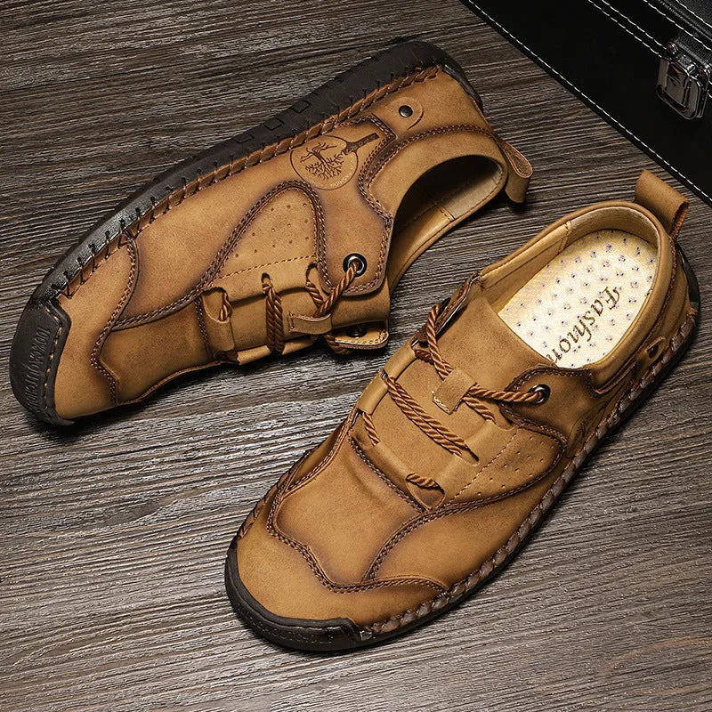 Men's casual leather shoes with microfiber upper and round toe design in black, gold, and khaki colour options