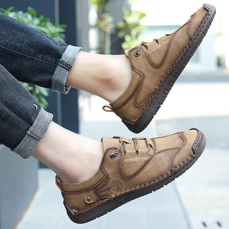 Men's casual leather shoes with microfiber upper and round toe design in black, gold, and khaki colour options