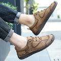 Men's casual leather shoes with microfiber upper and round toe design in black, gold, and khaki colour options