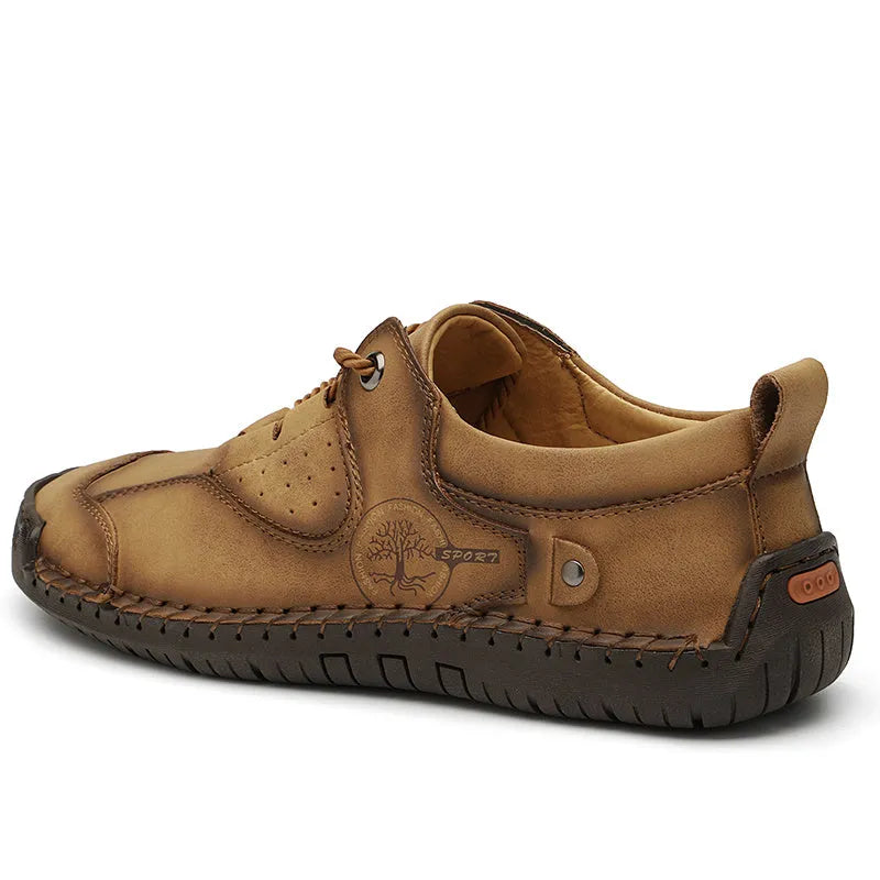 Men's casual leather shoes with microfiber upper and round toe design in black, gold, and khaki colour options