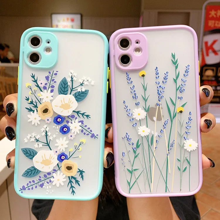 Matte frame floral iPhone case in pink lavender, blue lavender, and blue flower designs for iPhone models