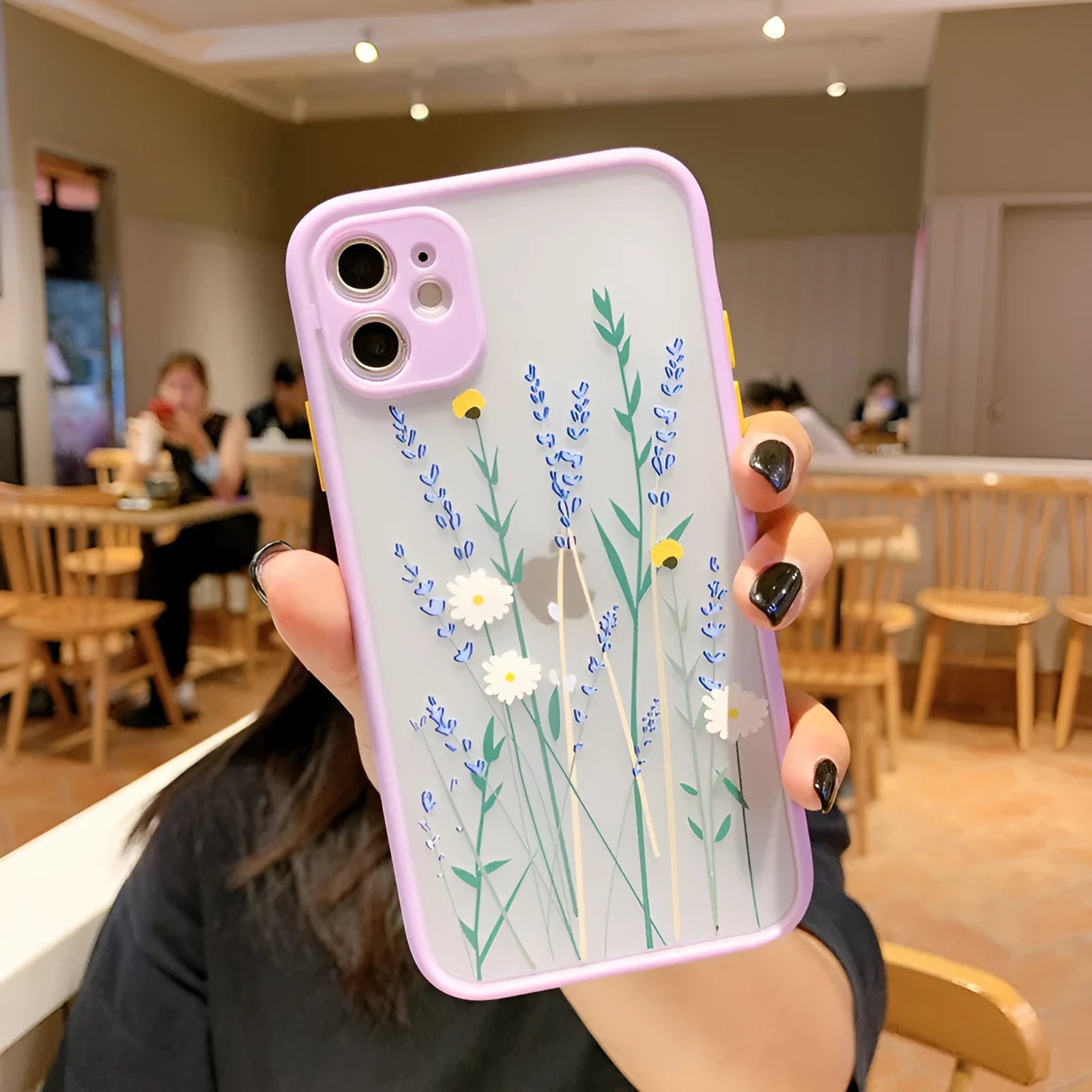 Matte frame floral iPhone case in pink lavender, blue lavender, and blue flower designs for iPhone models