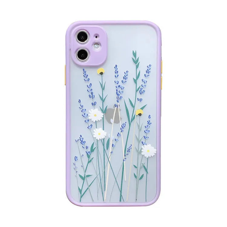 Matte frame floral iPhone case in pink lavender, blue lavender, and blue flower designs for iPhone models