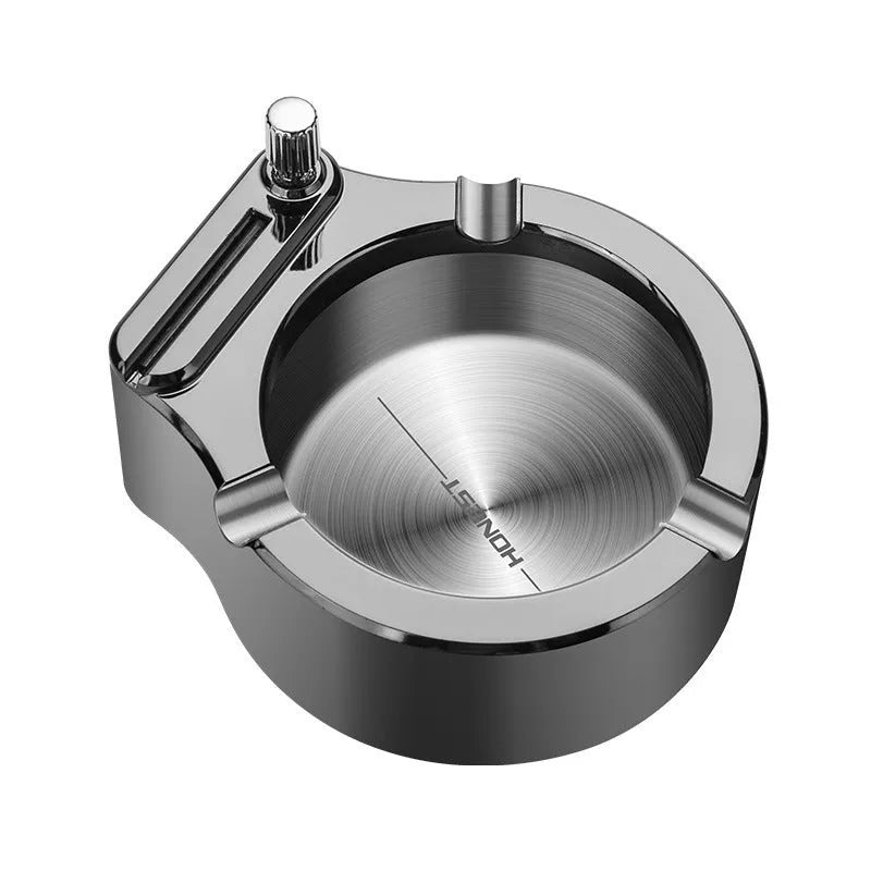 Large metal ashtray with sliding permanent match lighter and three fixed cigarette slots in blue colour