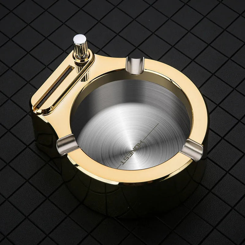 Large metal ashtray with sliding permanent match lighter and three fixed cigarette slots in blue colour