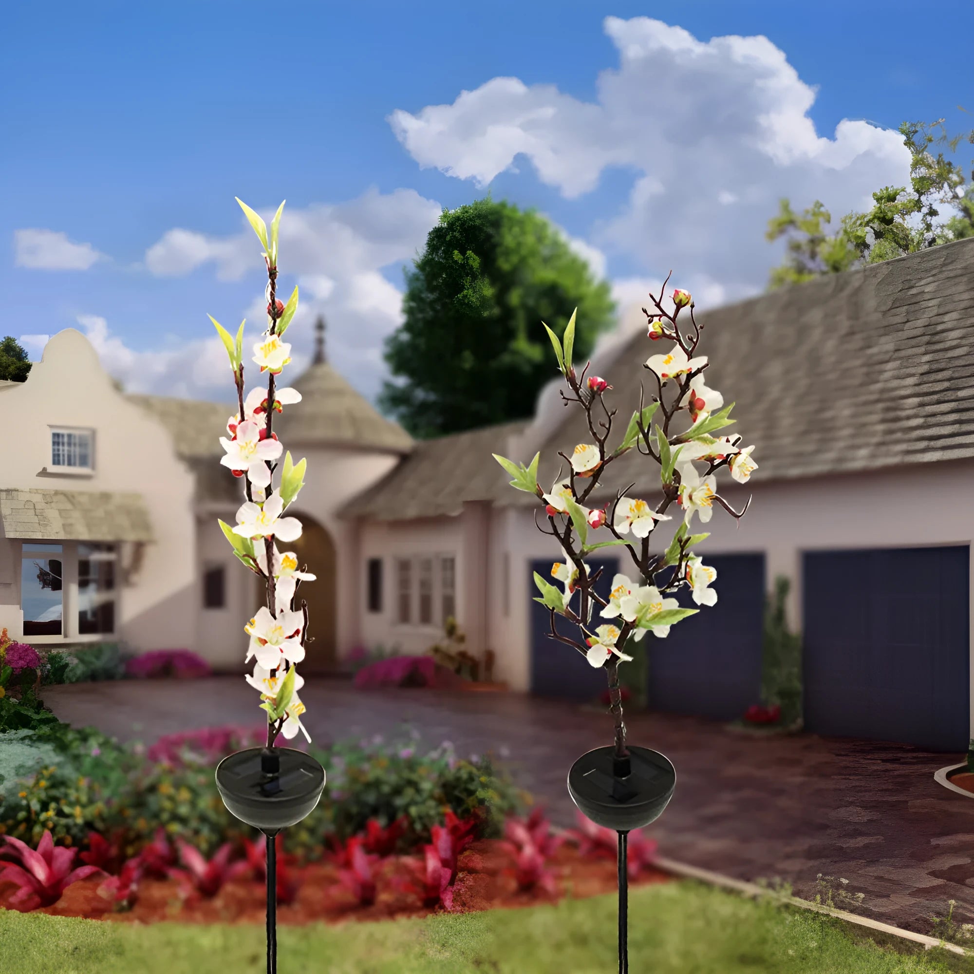 Solar-powered cherry blossom string lights with ground spike for outdoor garden decoration.