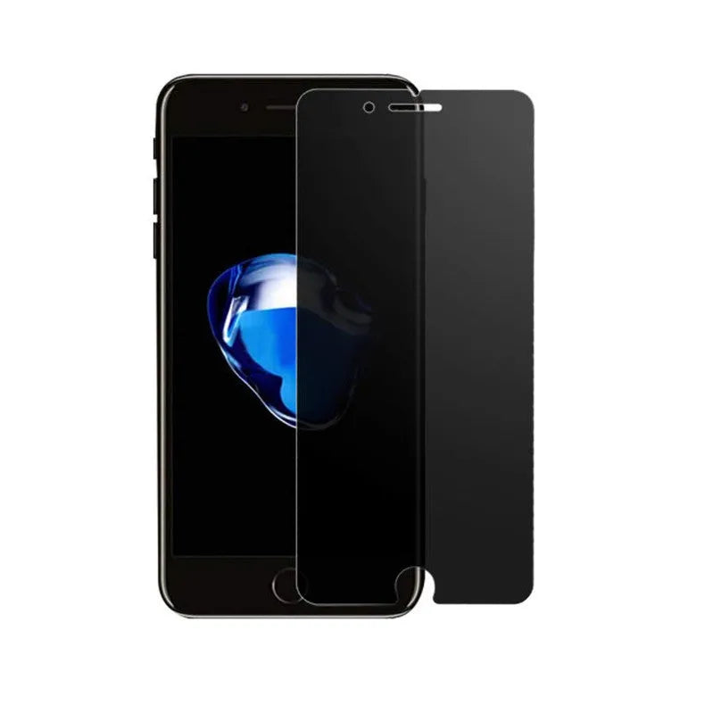 Full screen anti-peeping tempered glass screen protector for iPhone on a transparent background.