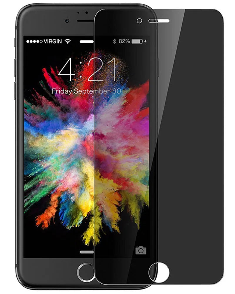 Full screen anti-peeping tempered glass screen protector for iPhone on a transparent background.