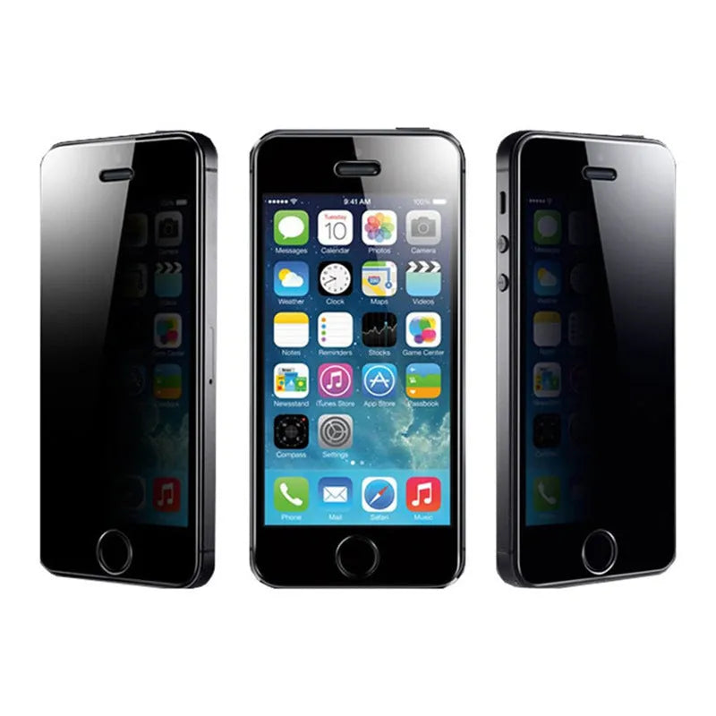 Full screen anti-peeping tempered glass screen protector for iPhone on a transparent background.