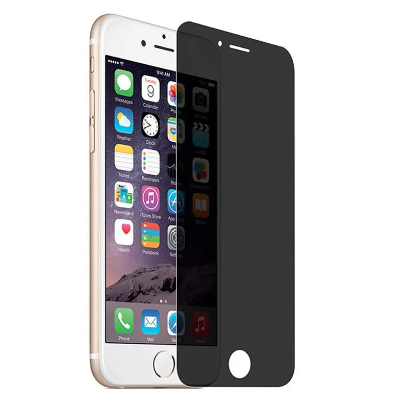 Full screen anti-peeping tempered glass screen protector for iPhone on a transparent background.