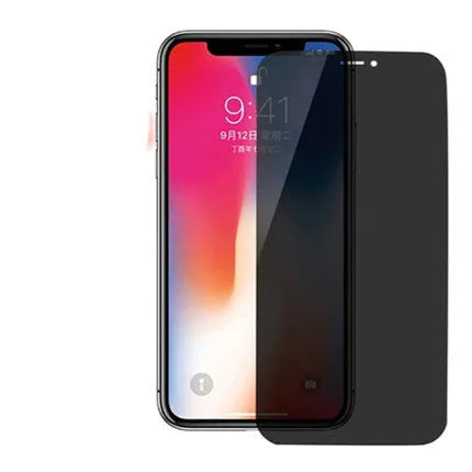 Full screen anti-peeping tempered glass screen protector for iPhone on a transparent background.