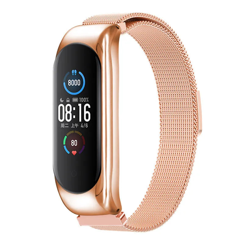 Three-bead solid metal wristband for Mi Band smartwatch in rose gold colour on a grey background.