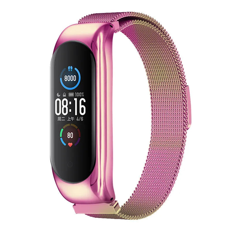 Three-bead solid metal wristband for Mi Band smartwatch in rose gold colour on a grey background.