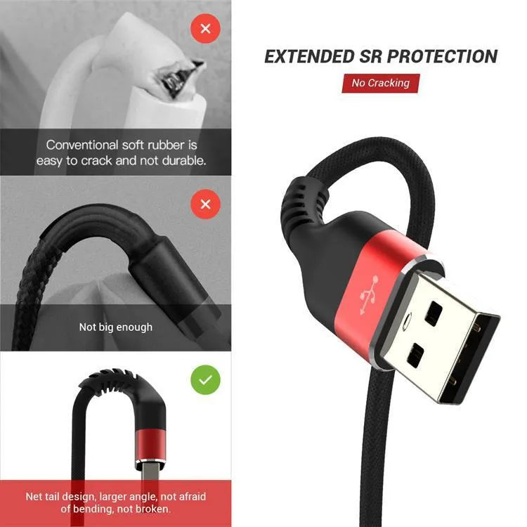 USB A to Type-C fast charge and data cable for Android phones in black or red.