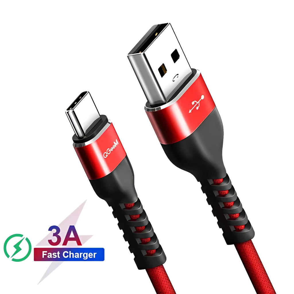 USB A to Type-C fast charge and data cable for Android phones in black or red.