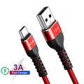 USB A to Type-C fast charge and data cable for Android phones in black or red.