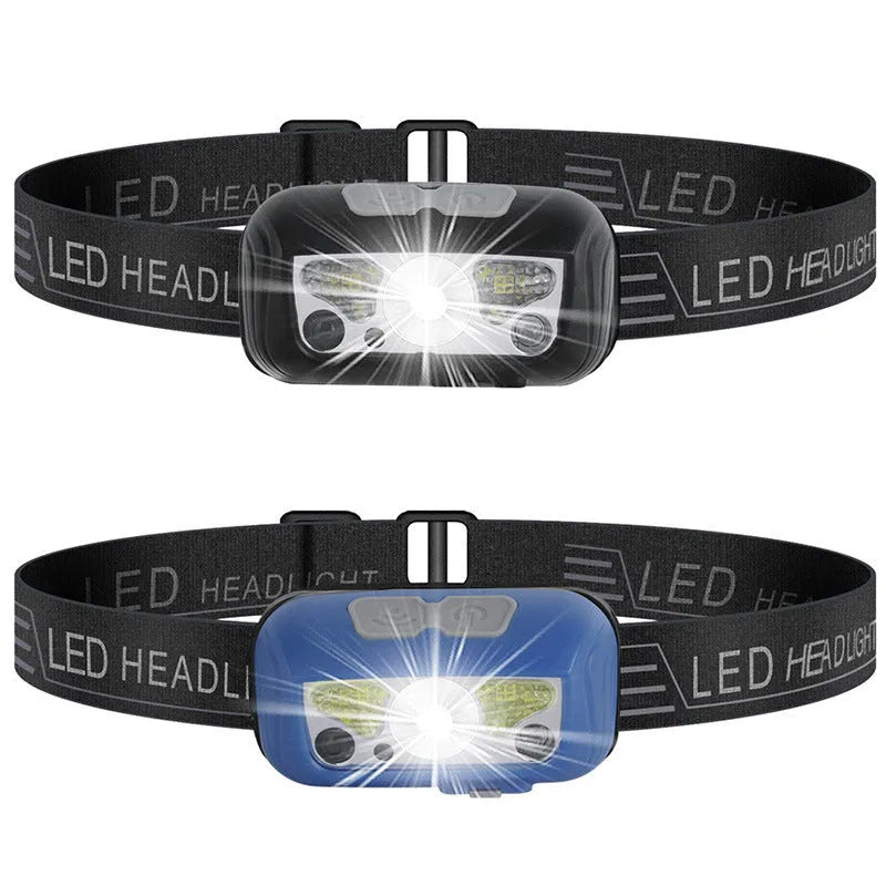 Black or blue sensor headlight with hand wave control, USB charging port, and LED lights for outdoor running