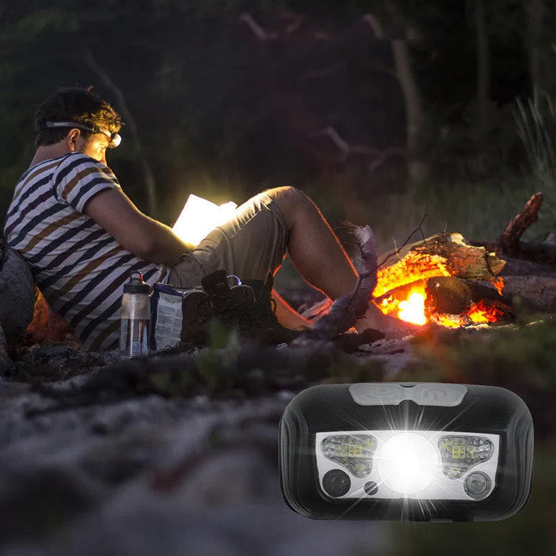 Black or blue sensor headlight with hand wave control, USB charging port, and LED lights for outdoor running