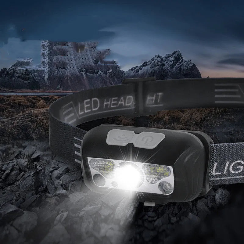 Black or blue sensor headlight with hand wave control, USB charging port, and LED lights for outdoor running