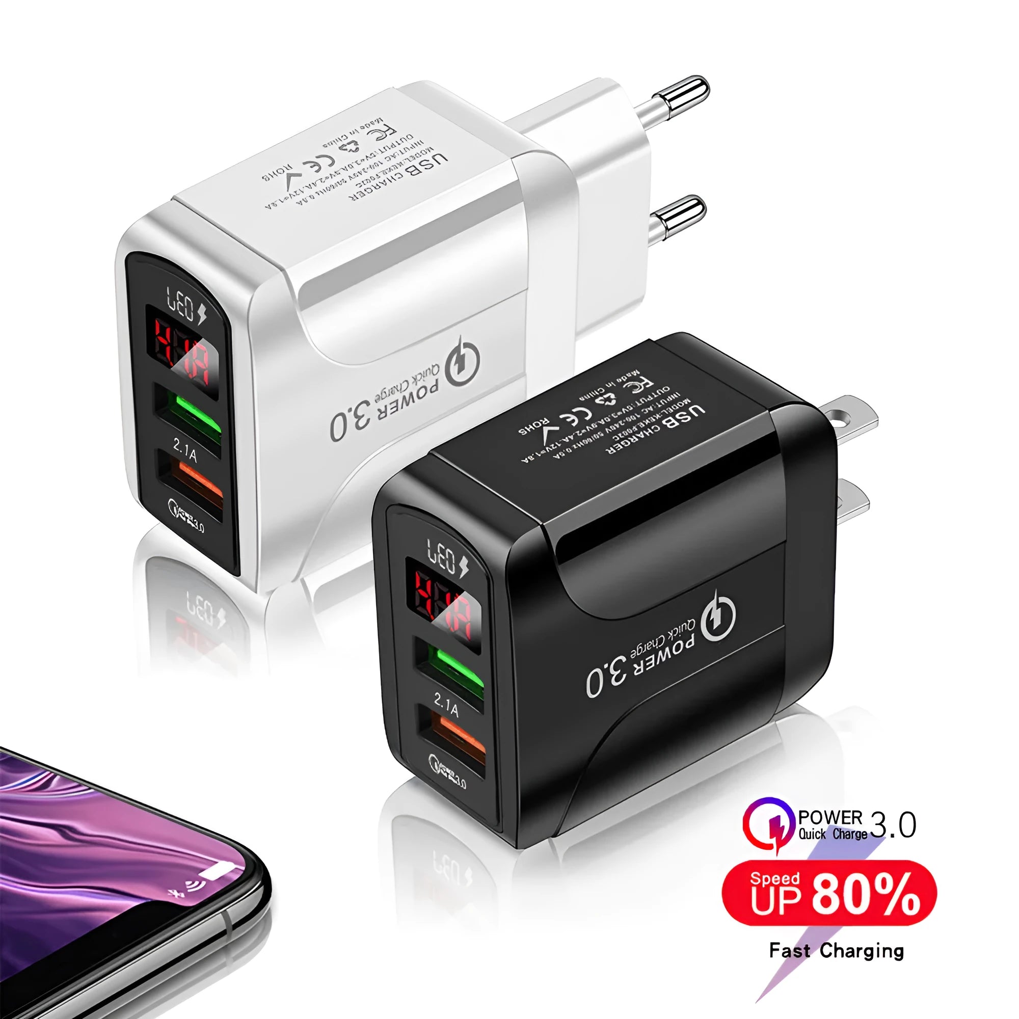 Butterfly digital display travel charger with EU UK US plug adapters in black and white