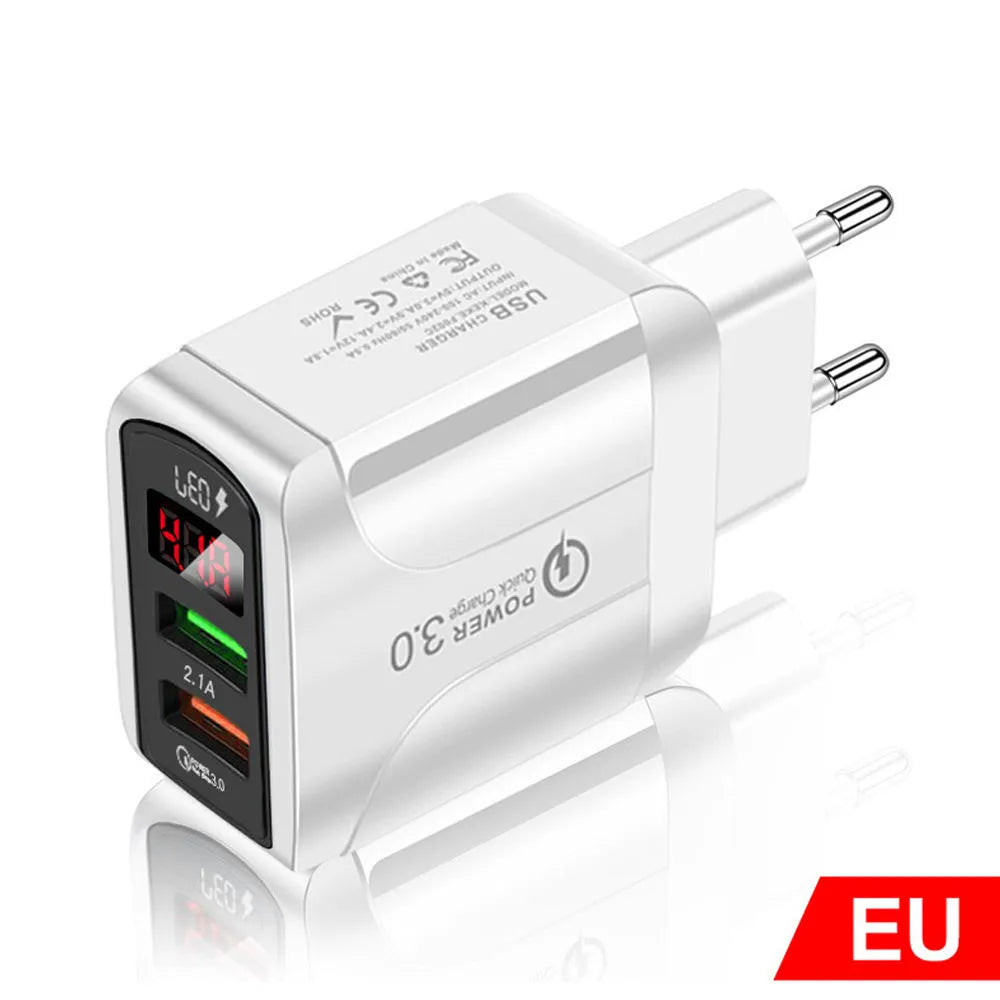 Butterfly digital display travel charger with EU UK US plug adapters in black and white