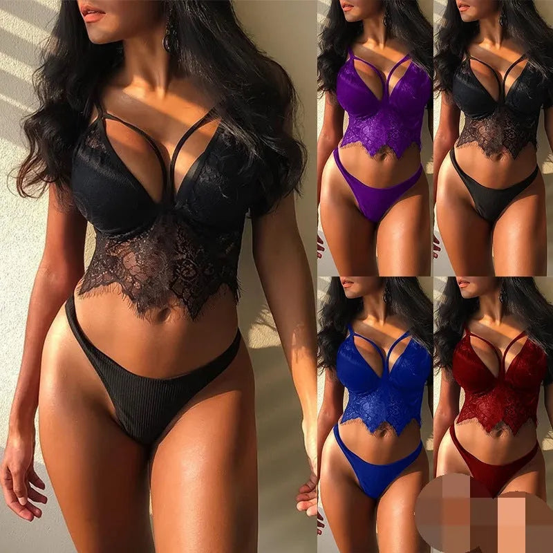 Women's red lace lingerie set with three-point style, showing polyester and chlorine fibre materials