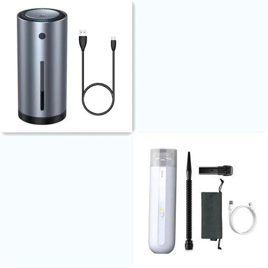 BASEUS handheld car vacuum cleaner in black, white, or green with blowing hose and HEPA filter