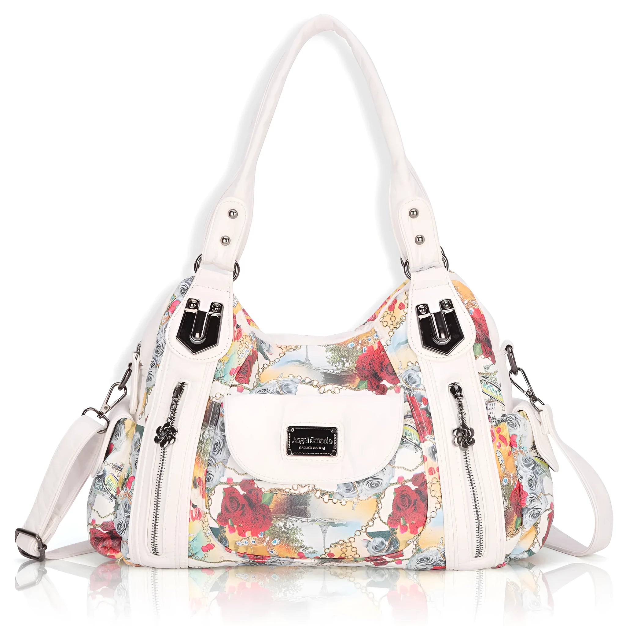 White women's PU messenger bag with dumpling-style design and shoulder strap