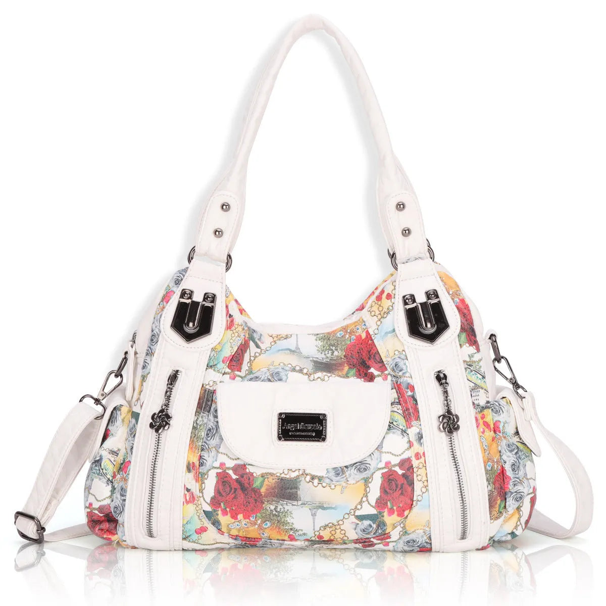 White women's PU messenger bag with dumpling-style design and shoulder strap
