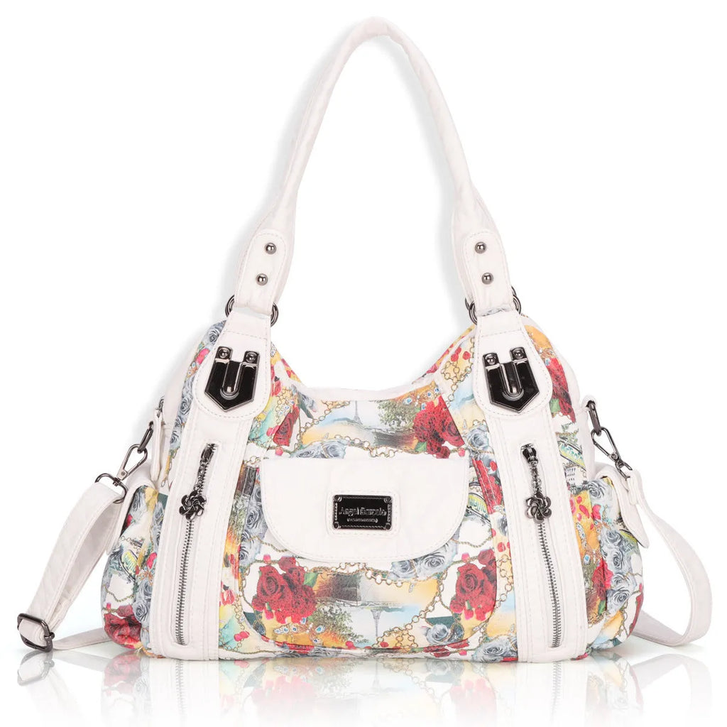 White women's PU messenger bag with dumpling-style design and shoulder strap